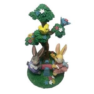 Vintage Jaimy Easter Jubilee Bunnies On a See Saw  Figurine Rabbits Birds Flower